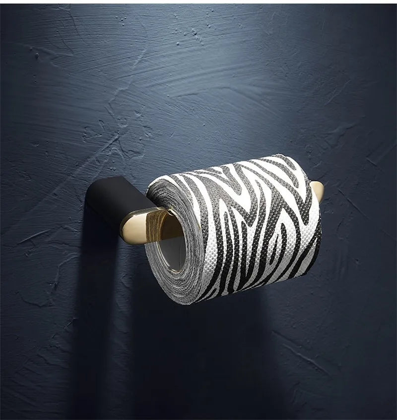 DecorBites™ Gold & Black Bathroom Set - Shelf, Towel Rack, Holder, Brush Holder & More