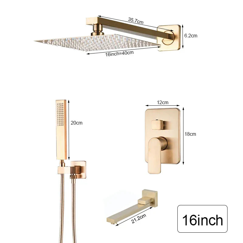 Grifo de ducha tipo lluvia ultrafino DecorBites™ en oro cepillado con montaje en pared y cabezal de 8" a 16".