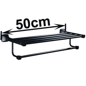 DecorBites™ Black Aluminum Towel Rack with Hook, Wall-mounted Bathroom Towel Holder and Shelf