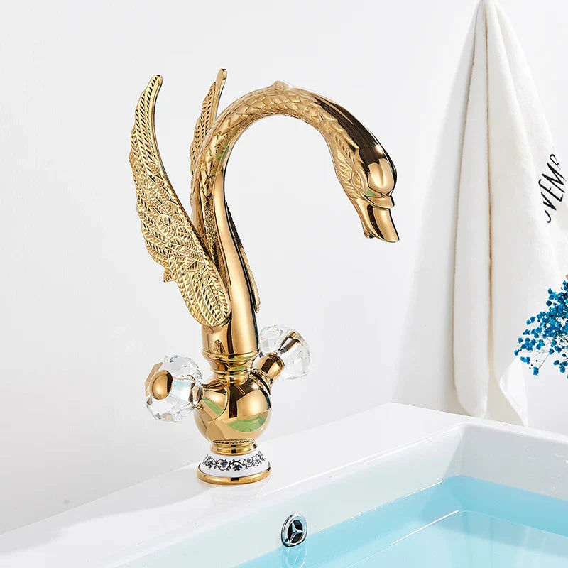 DecorBites™ Golden Swan Basin Faucet: Solid Brass, Deck Mount, Dual Handle Mixer Tap