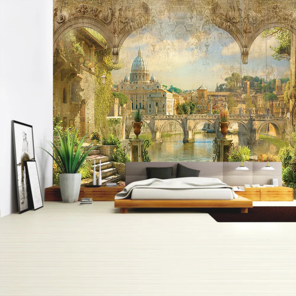 Tapiz DecorBites™ con paisaje de plantas verdes | Tapiz bohemio para pared en City Castle Hill