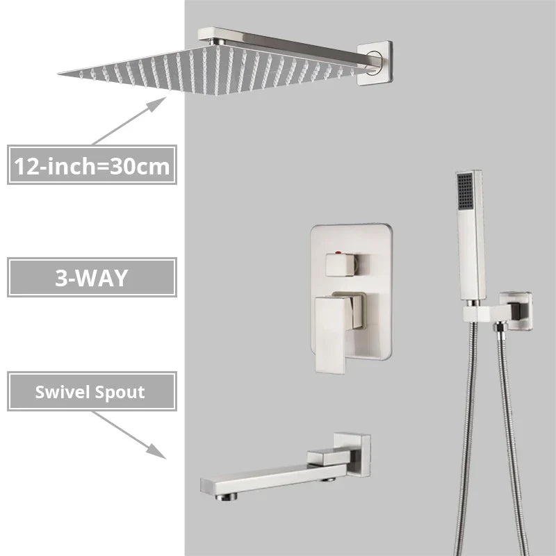 Sistema de ducha DecorBites™ de níquel cepillado con cabezal de ducha tipo lluvia para baño de pared