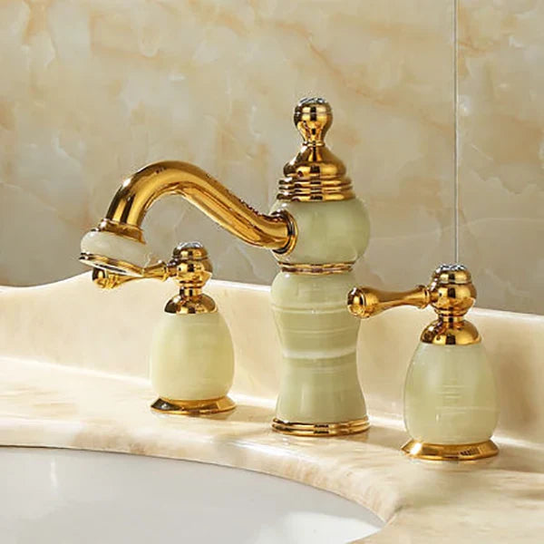 DecorBites™ Gold Brass Jade 3 Hole Widespread Basin Faucet with Double Handle