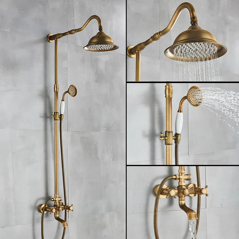 صنبور دش نحاسي عتيق من DecorBites™ مع رشاش يدوي من السيراميك ورأس رش مطري مقاس 8 بوصات