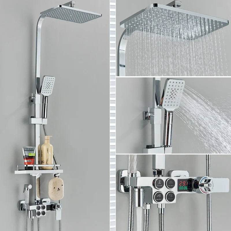 مجموعة صنبور دش رقمية حرارية سوداء من DecorBites™ مع خلاط بيديه رباعي الاتجاهات للحمام