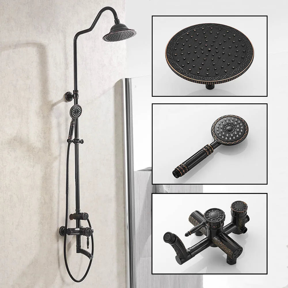 DecorBites™ Black Brass Shower Faucet Set with Wall Mount Hand Held Shower Head - 9712