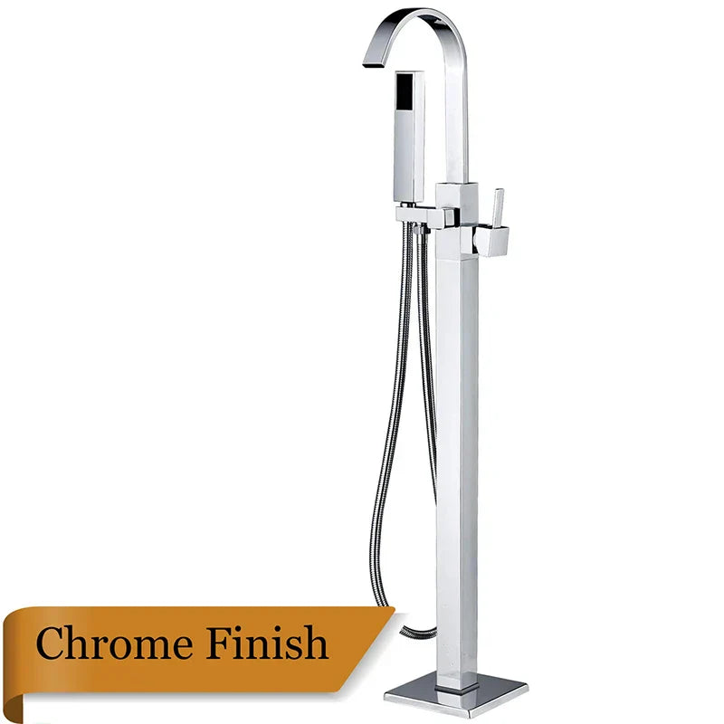 صنبور حوض استحمام قائم بذاته من DecorBites™ مع دش يدوي: صنبور خلاط مثبت على الأرضية من النيكل المصقول