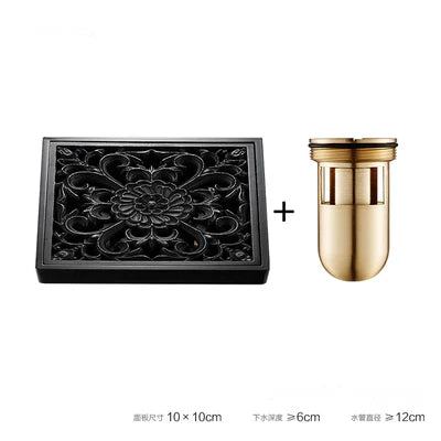 DecorBites™ Brass Square Shower Room Floor Drain with Hair Strainer - 10*10cm