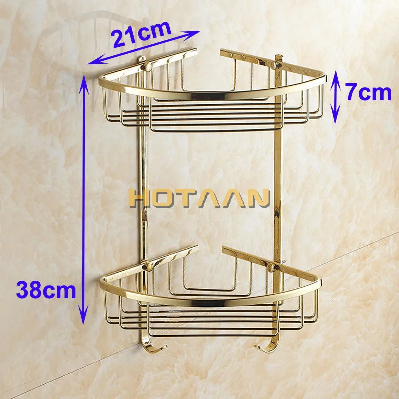 DecorBites™ Gold Brass Double Layer Bathroom Shower Shelf Basket Holder
