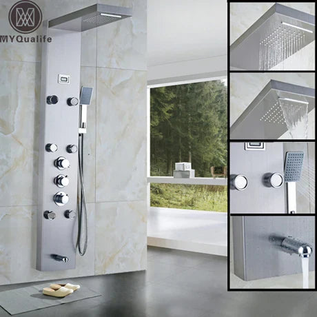 DecorBites™ عمود دش مطري أسود مزود بخلاط حراري ولوحة دش