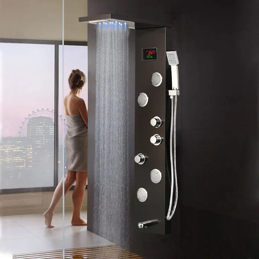 DecorBites™ Brushed Nickel Shower Panel with LED Display, Rainfall Head, Jets