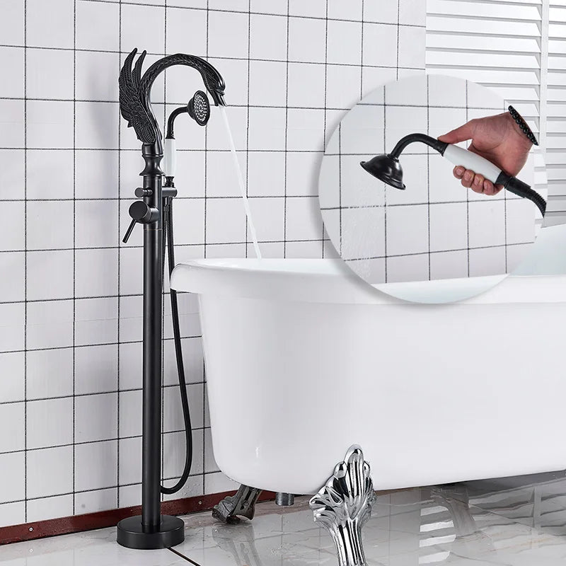 DecorBites™ Black Bathtub Faucet Hot Cold Water Mixer Taps Shower Set Floor Mounted