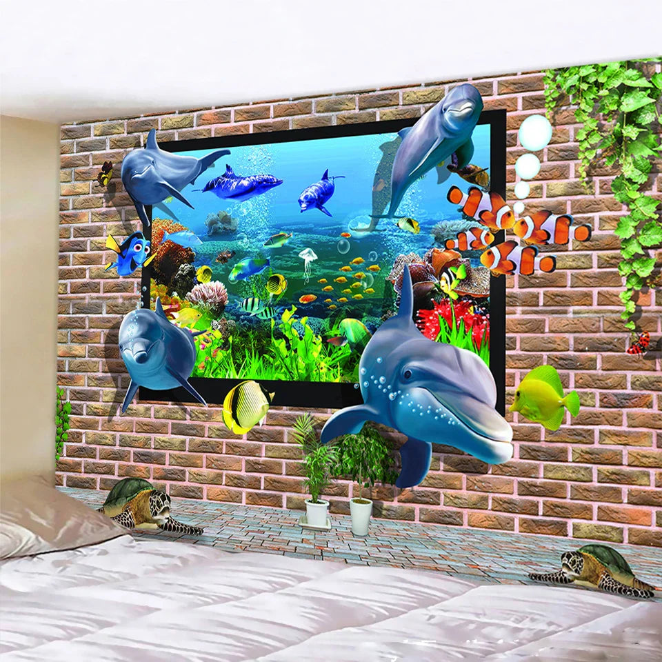 DecorBites™ Dolphin Psychedelic Tapestry: Bohemian Underwater Wall Hanging for Home Decoration