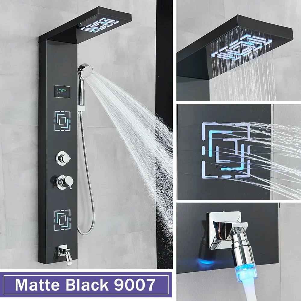 DecorBites™ LCD Black LED Rainfall Shower Panel with 5 Massage Jets Wall Mount