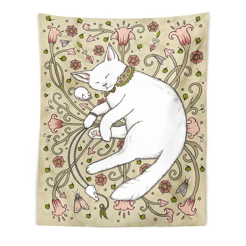 DecorBites™ Cute Cat Botanical Flower Ins Style Cartoon Wall Art Tapestries for Home Decor