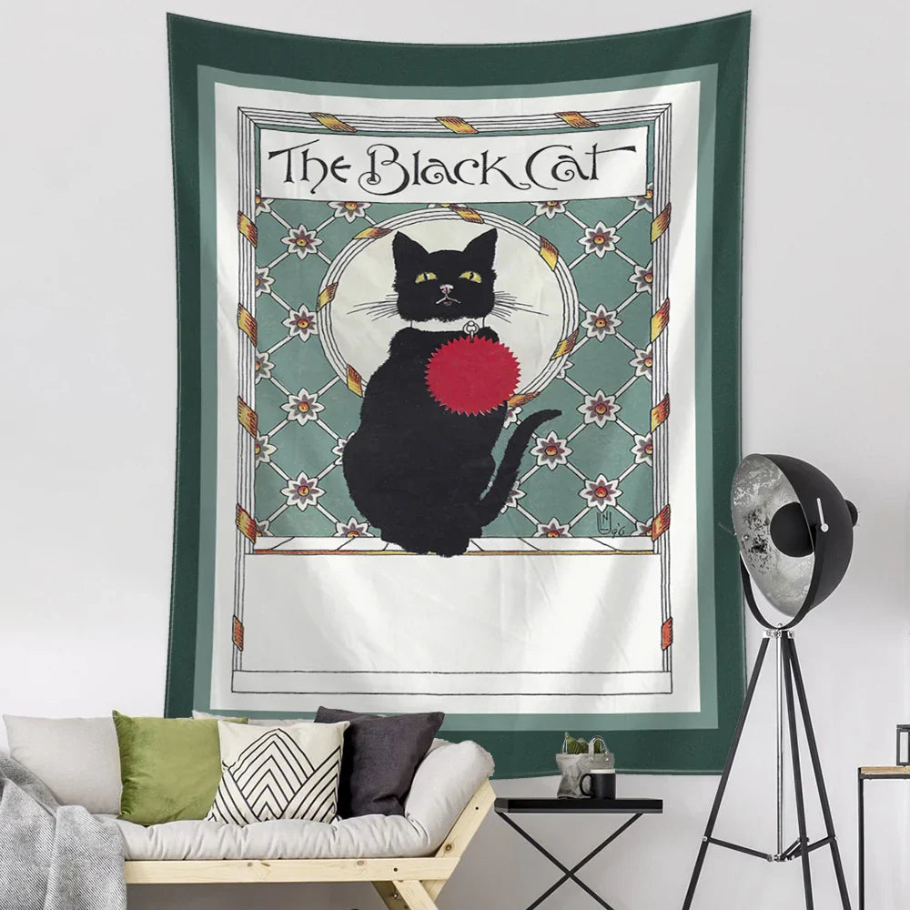 Tapiz del Tarot del Gato Negro DecorBites™: Decoración psicodélica hippie para colgar en la pared