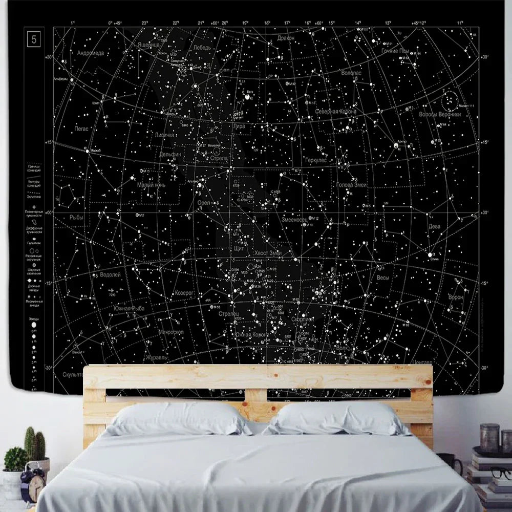 DecorBites™ Interstellar Sky Map Constellations Tapestry- Black Galactic Wall Decor