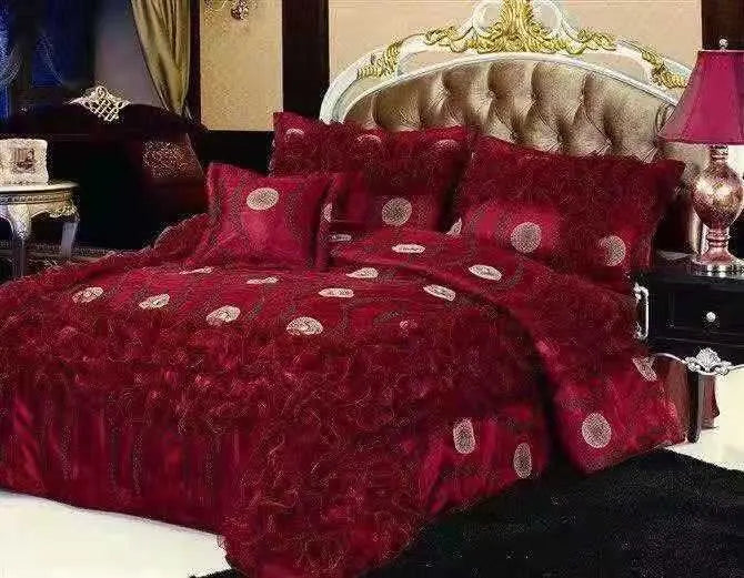 DecorBites™ Jacquard Rose Lace Bedding Set, Luxurious European Style, Red & Champagne