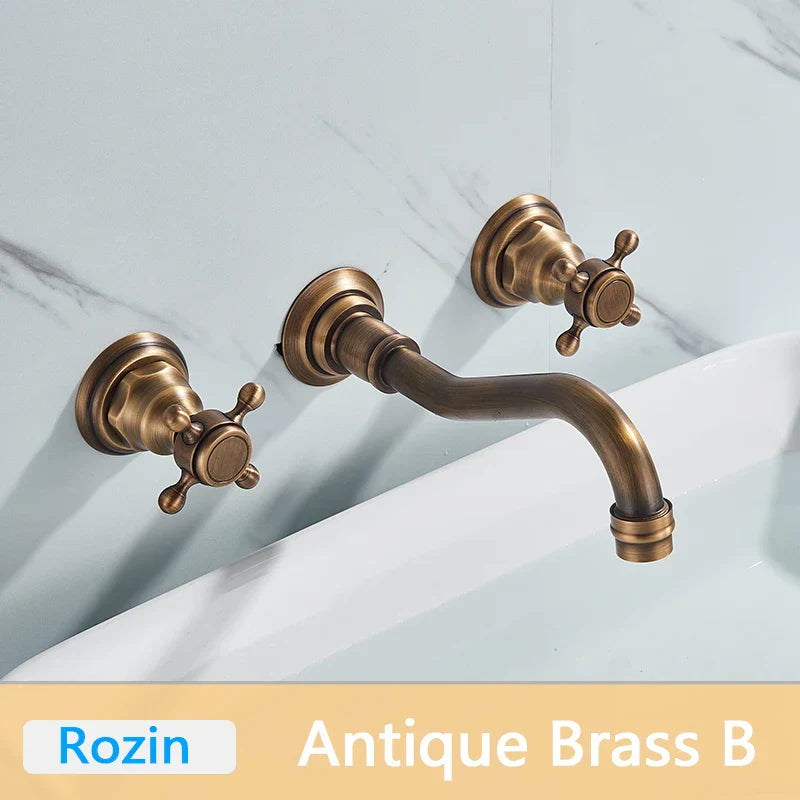 DecorBites™ Antique Brass Basin Faucet Wall Mounted Dual Handles Swivel Spout Mixer Tap