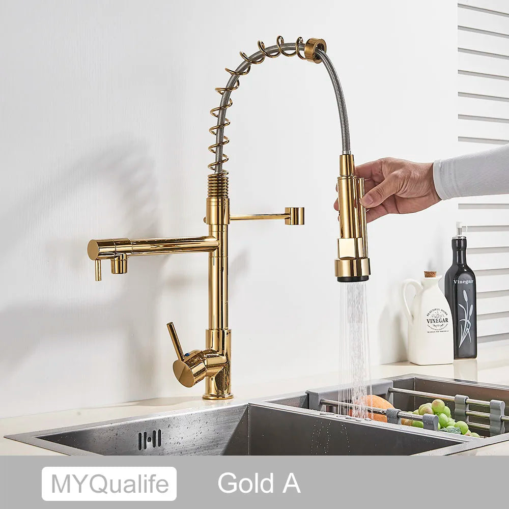 Grifo de cocina DecorBites™ de latón negro con doble caño, rotación de 360°, montaje sobre encimera