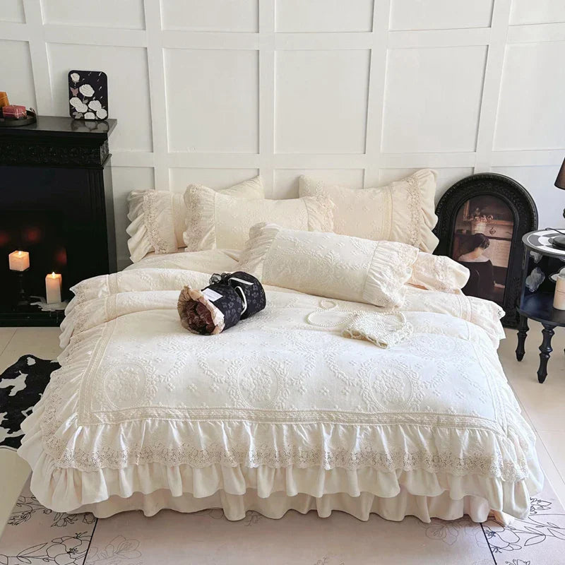 DecorBites™ Lace Ruffles Velvet Wedding Bedding Set with Carved Details