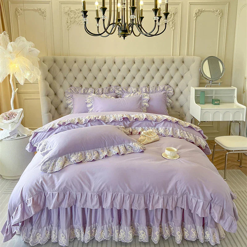 DecorBites™ Korean Princess Lace Ruffles Bedding Set in Bean Paste Pink