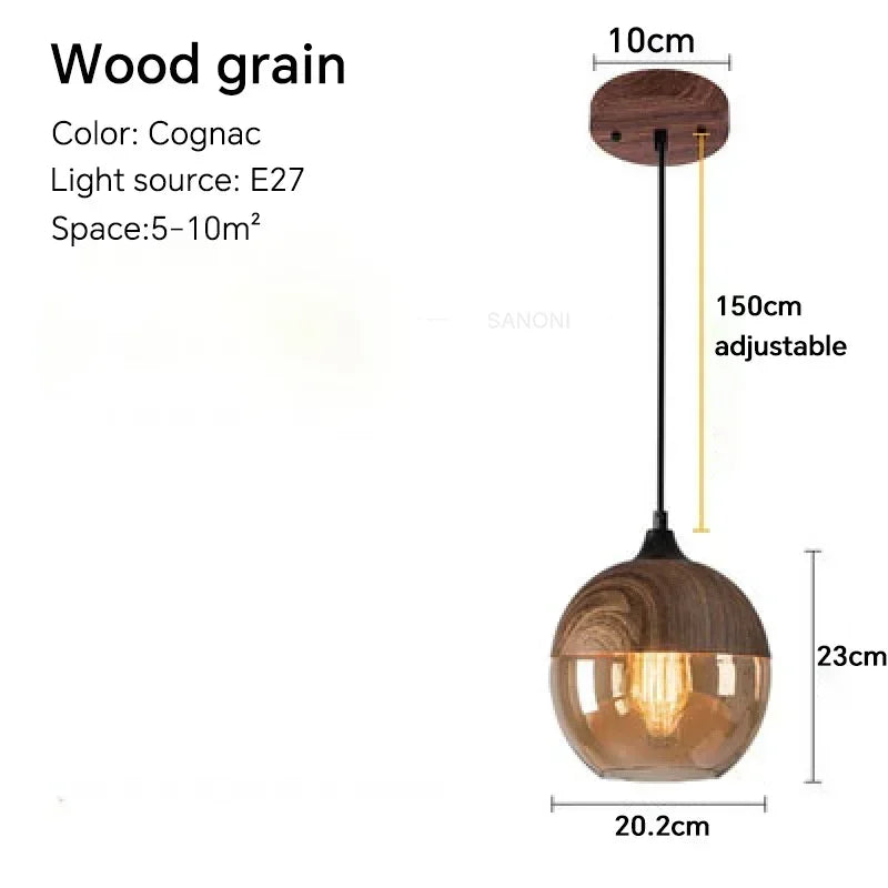 DecorBites™ Glass Wood Chandelier LED Pendant Light Fixture for Living Dining Bedroom