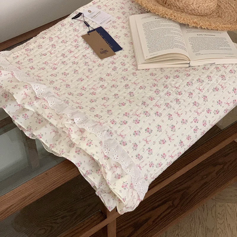 DecorBites™ Korean Princess Floral Lace Ruffles Bedspread Set with 100% Cotton Quilting