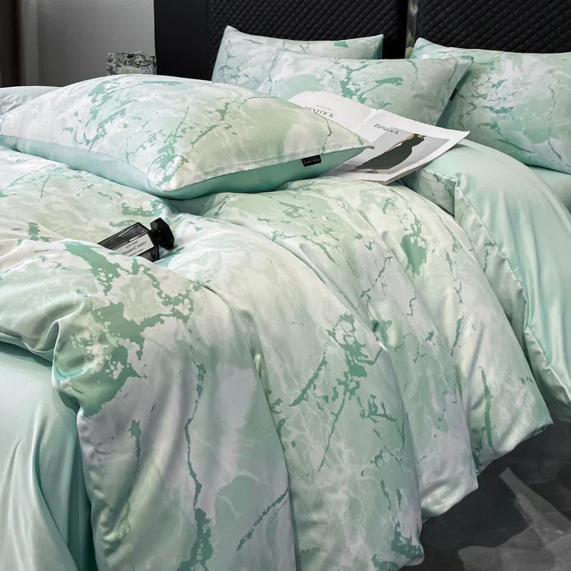 طقم غطاء لحاف DecorBites™ من الحرير الجليدي باللونين الأسود والرمادي الرخامي - راحة تبريد فاخرة، على الطراز الشمالي