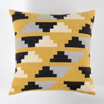 DecorBites™ Geometric Canvas Cotton Cushion Cover - Yellow Grey/White Embroidery Square Pillow Cover