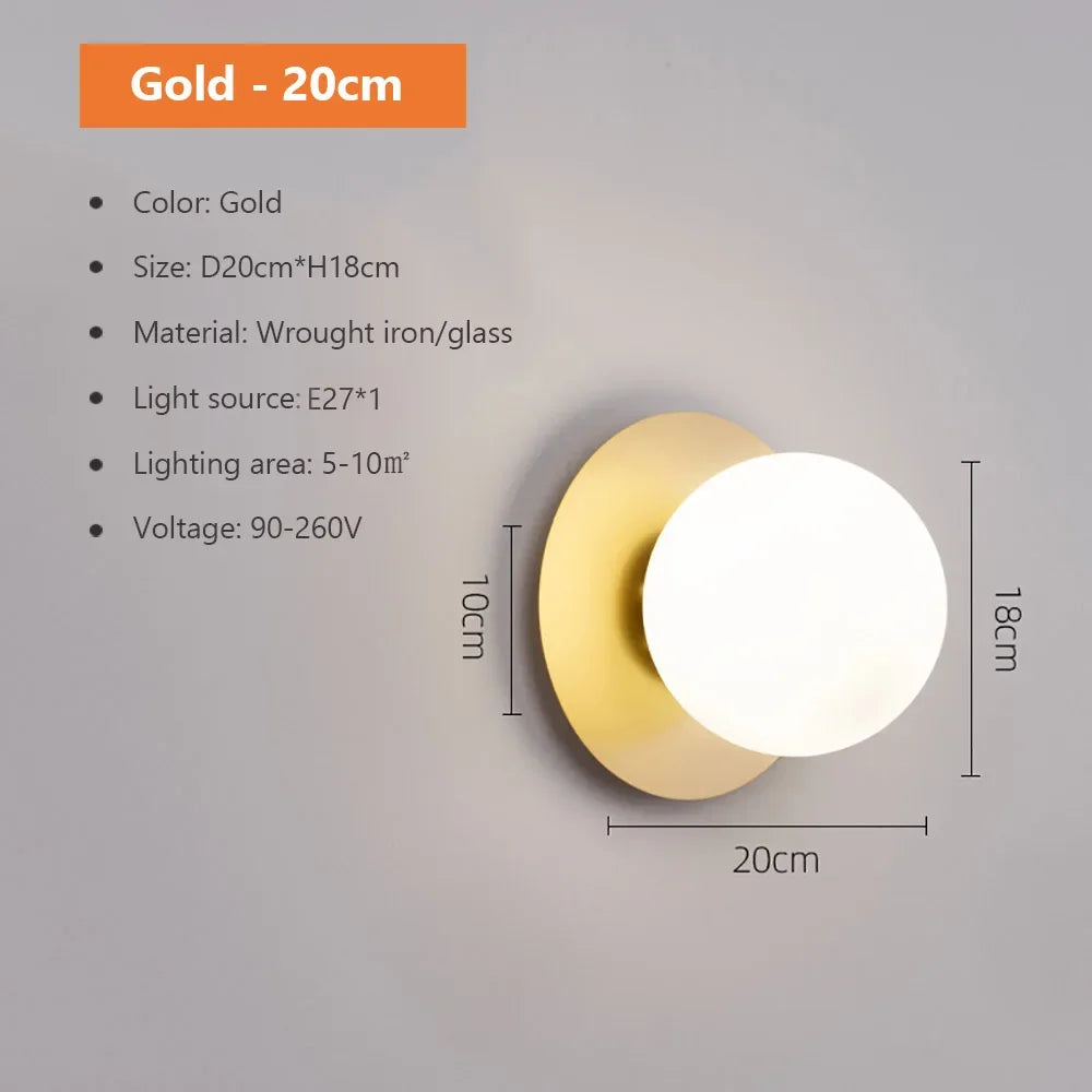 DecorBites™ Glass Shade Gold Wall Lamp Bedroom Bedside Spherical Aisle Light