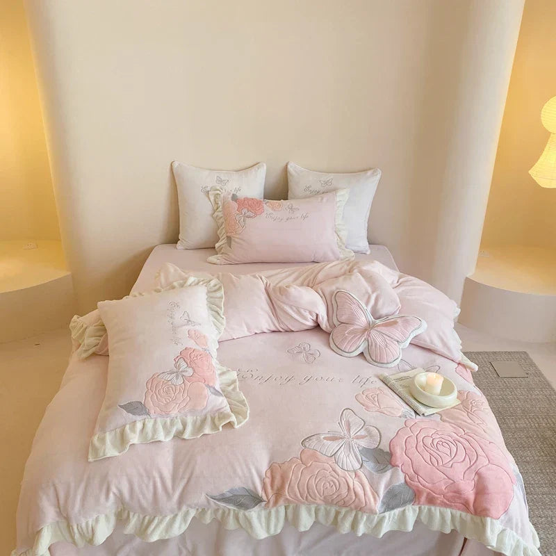 DecorBites™ Lace Ruffles Princess Duvet Set, Butterfly Flowers Embroidery, Cozy Bedding with Bed Sheet & Pillowcases