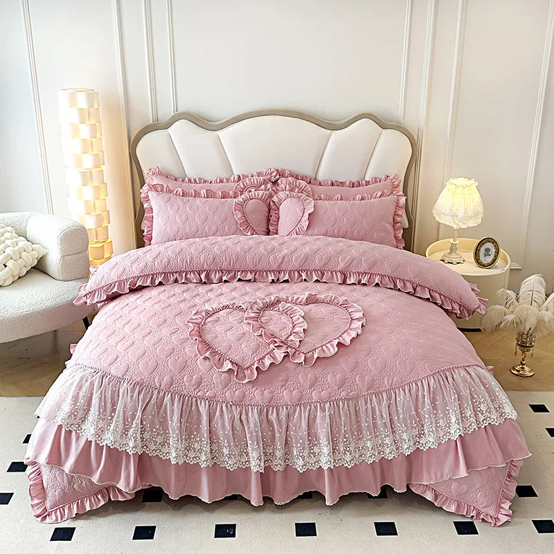 DecorBites™ Korean Princess Style Bedding Set with Lace Ruffles and Love Theme
