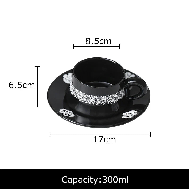 DecorBites™ Black Flower Porcelain Cup & Saucer Set, Elegant Coffee Mug for Dining & Afternoon Tea
