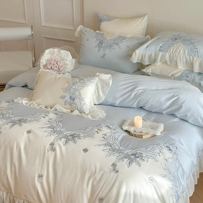 DecorBites™ French Romantic Lace Ruffles Flowers Embroidery Bedding Set in Pink & Blue Cotton