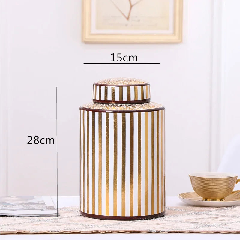 DecorBites™ Golden Stripe Ceramics Vase with Cover, Modern Storage Jar for Home Decor