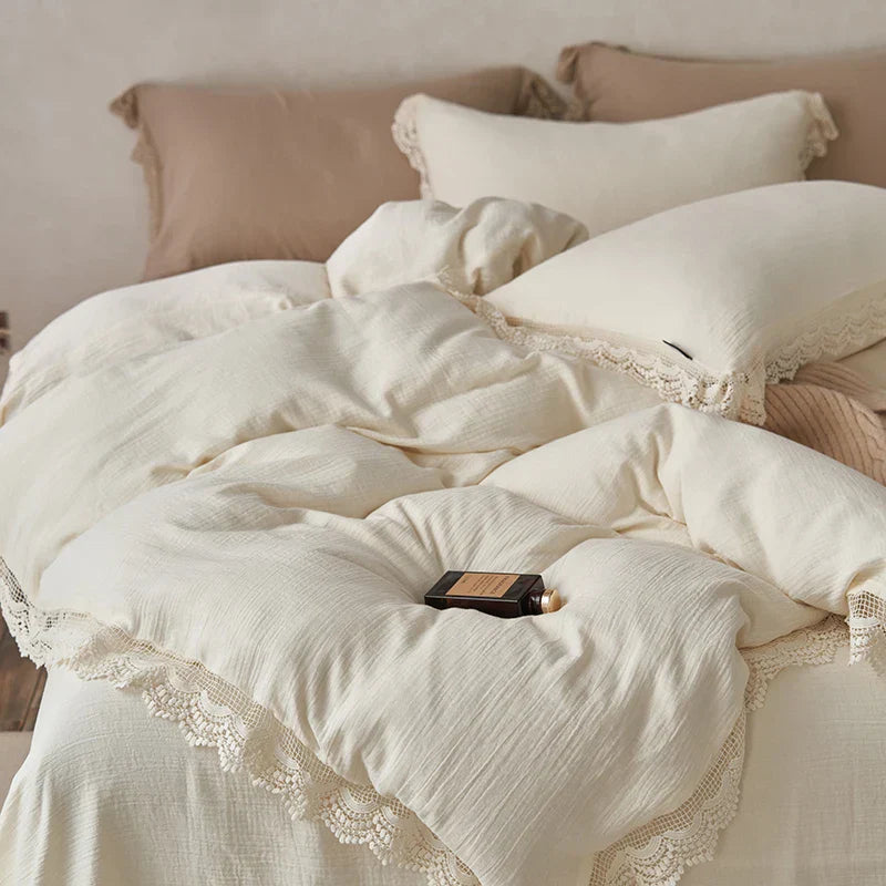 DecorBites™ Lace Edge Cotton Bedding Set for Soft Skin with Duvet, Sheets, and Pillowcases