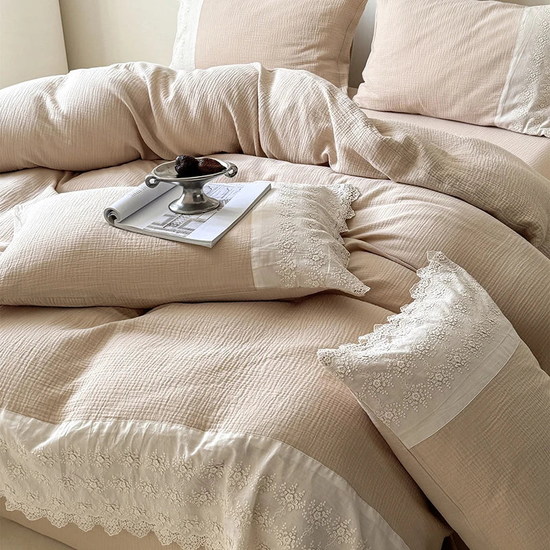 DecorBites™ French Lace Cotton Bedding Set: Duvet, Sheet, Pillowcases, 4Pc