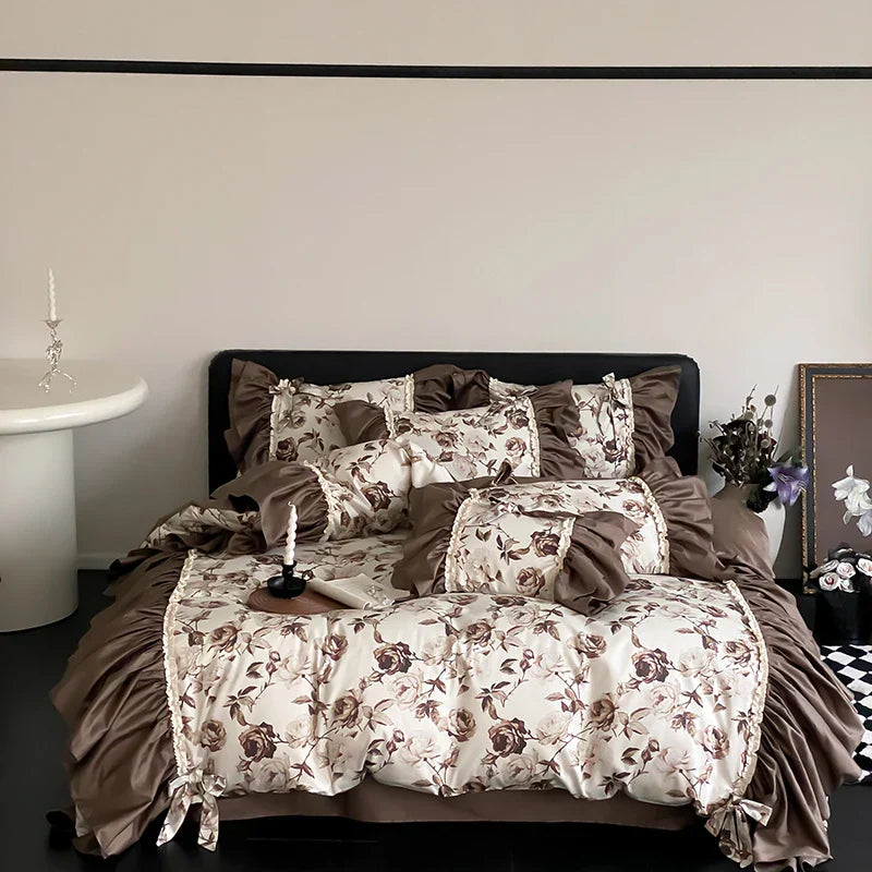 Decorbites™ Braun Vintage Blumen Bettwäsche-Set - 4-teilige Kollektion
