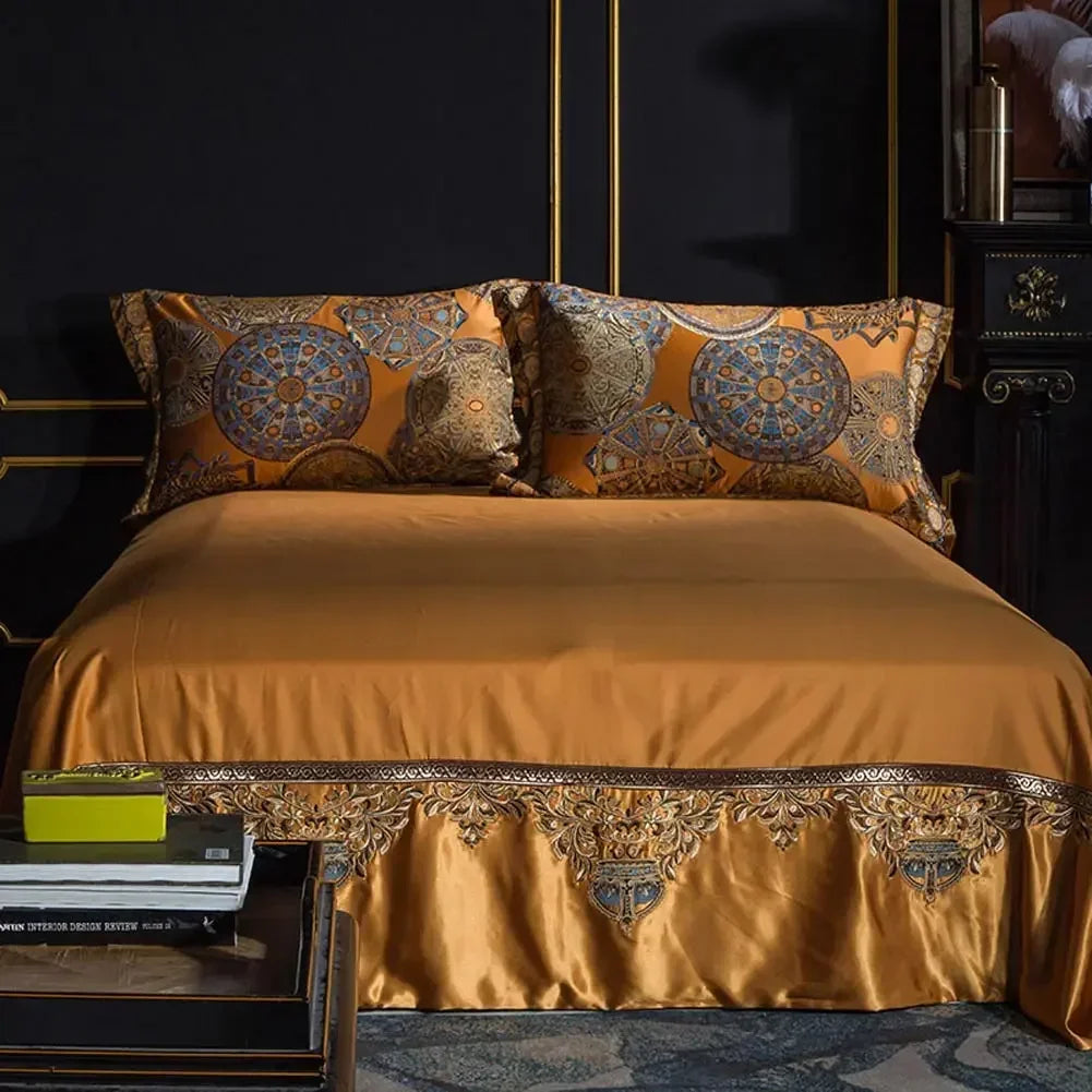 DecorBites™ Golden Jacquard Baroque Bedding Set Queen King Size Linens - Sheet Pillowcase Comforter Cover
