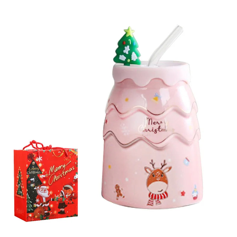 DecorBites™ Christmas Tree Ceramic Mug with Lid Straw for XMAS Gift