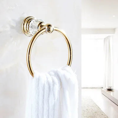DecorBites™ Brass and Crystal Bathroom Accessories Set: Shelf, Robe Hook, Paper Holder, Brush Holder