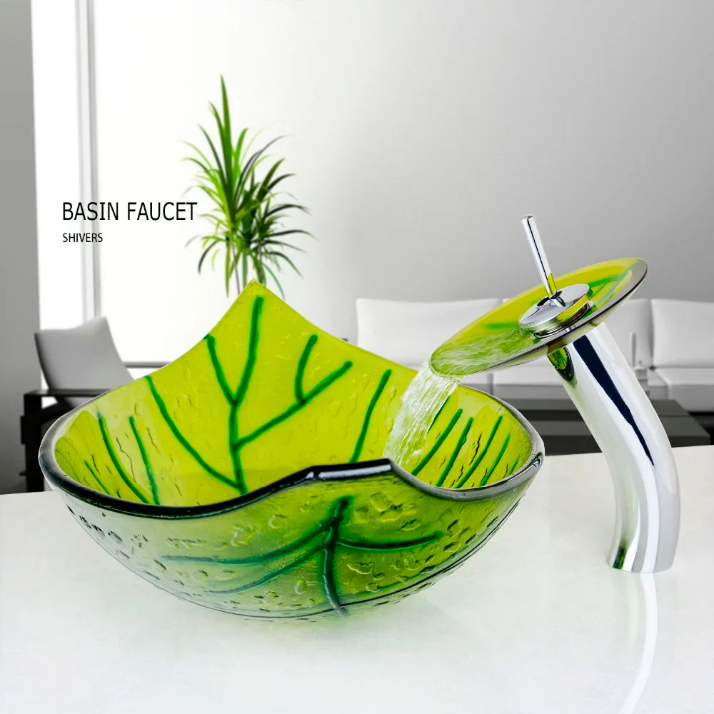 DecorBites™ Green Glass Vessel Sink Set with Waterfall Faucet - Luxury Bathroom Vanity