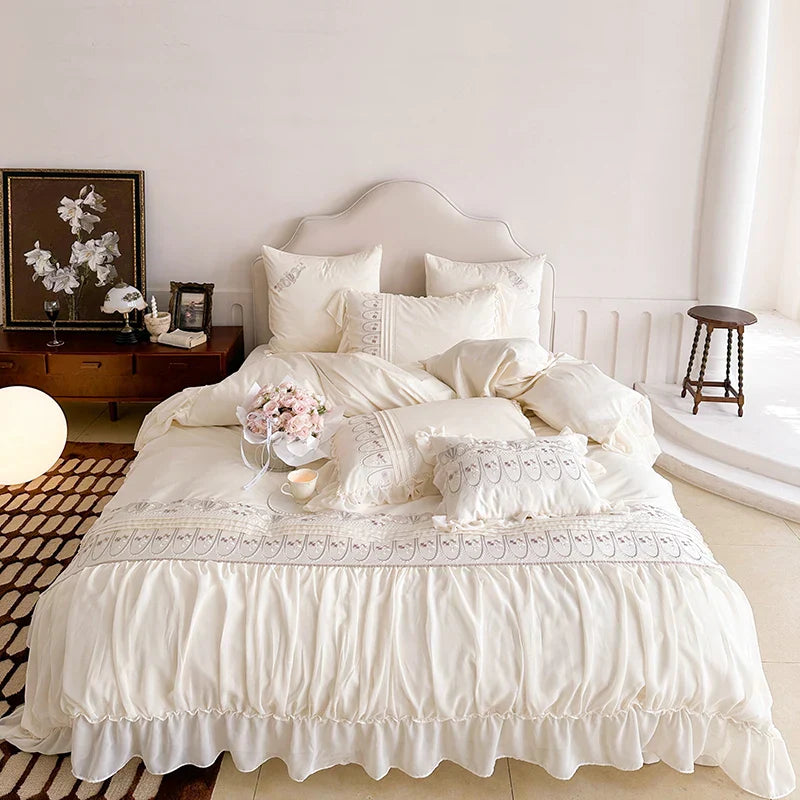 DecorBites™ Flowers Embroidery Princess Wedding Lace Bedding Set 1200TC Cotton Duvet Cover Flat Sheet Pillowcases