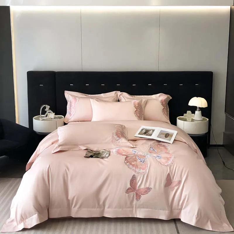 DecorBites™ Butterfly Embroidery Bedding Set: King/Queen/Ru Size Bed Linens, Sheet, Pillowcase, Comforter Cover