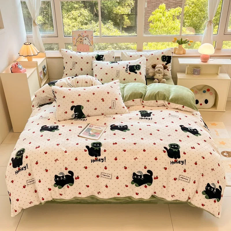 DecorBites™ Cartoon Print Milk Velvet Bedding Set: Cozy, Skin-Friendly Winter Bedclothes