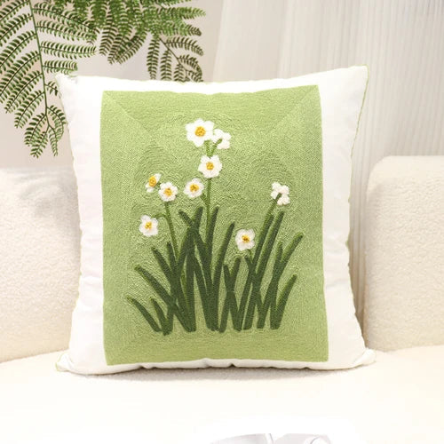 DecorBites™ Green Embroidered Cotton Cushion Cover, Rustic Throw Pillowcase for Living Room Sofa