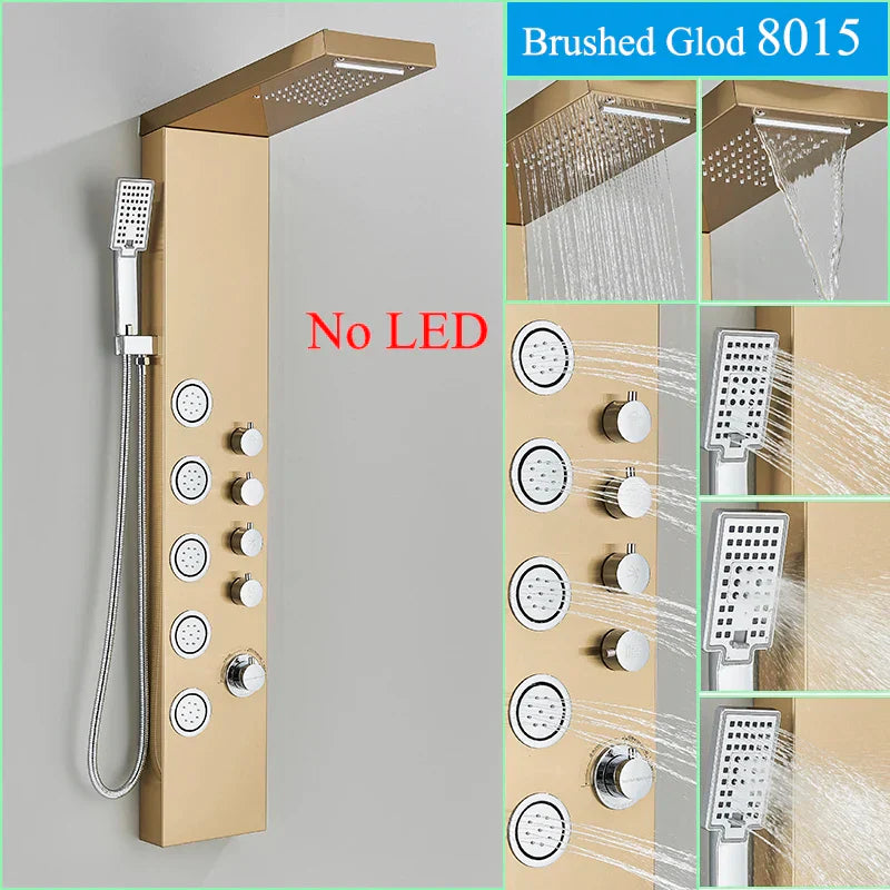 Panel de grifo de ducha DecorBites™ negro con LED, sistema de lluvia tipo cascada y caño de hidromasaje.