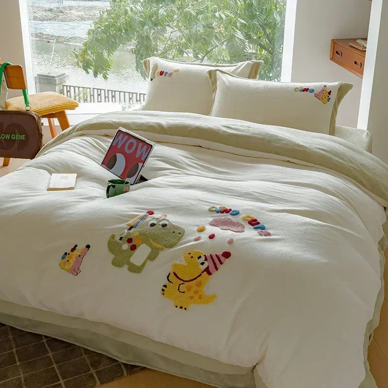 DecorBites™ Embroidered Milk Fleece Winter Bedding Set for Warmth & Cozy Comfort