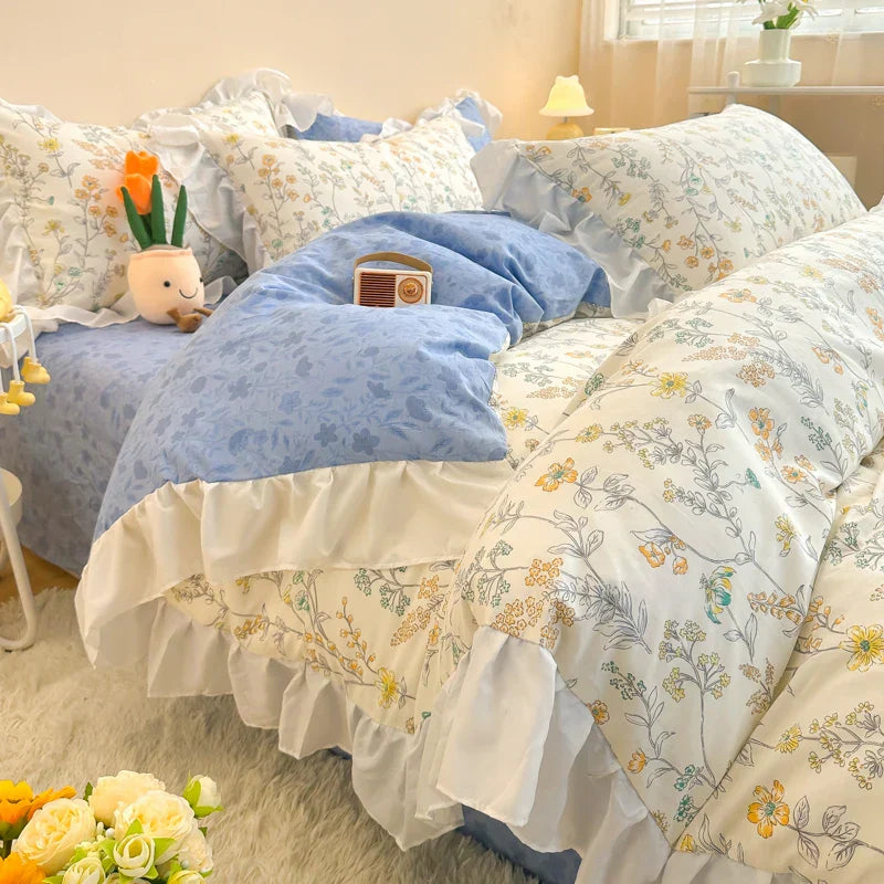 DecorBites™ Korean Princess Floral Ruffles Bedding Set: Single/Queen Duvet, Cover, & Pillowcases